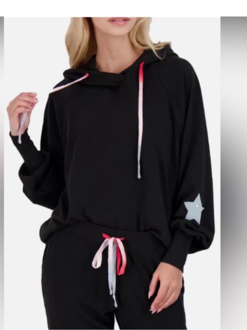 PJ salvage Black Sweatpants and Hoodie Set with red white and Blue Drawstrings